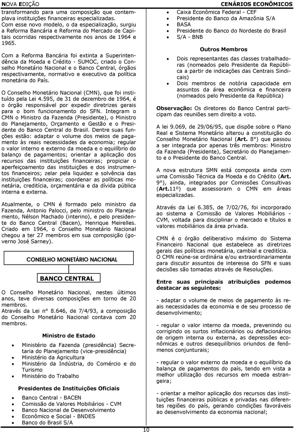 Com a Reforma Bancária foi extinta a Superintendência da Moeda e Crédito - SUMOC, criado o Conselho Monetário Nacional e o Banco Central, órgãos respectivamente, normativo e executivo da política