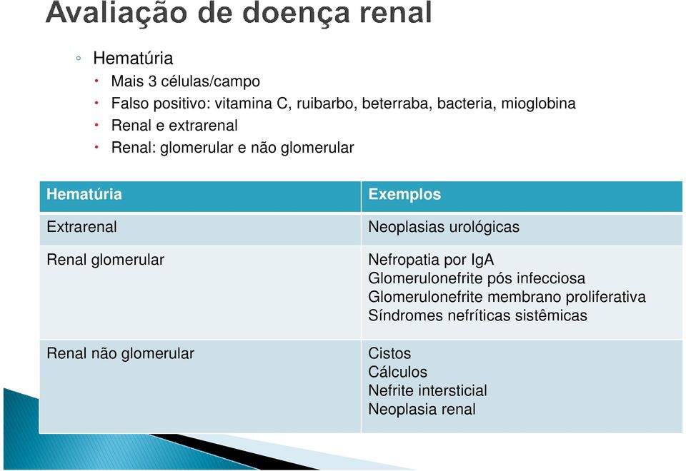 glomerular Exemplos Neoplasias urológicas Nefropatia por IgA Glomerulonefrite pós infecciosa