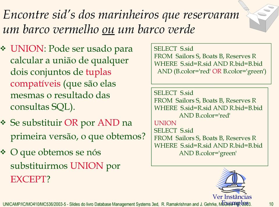 O que obtemos se nós substituirmos UNION por EXCEPT? SELECT S.sid, Boats B, Reserves R WHERE S.sid=R.sid AND R.bid=B.bid AND (B.color='red' OR B.