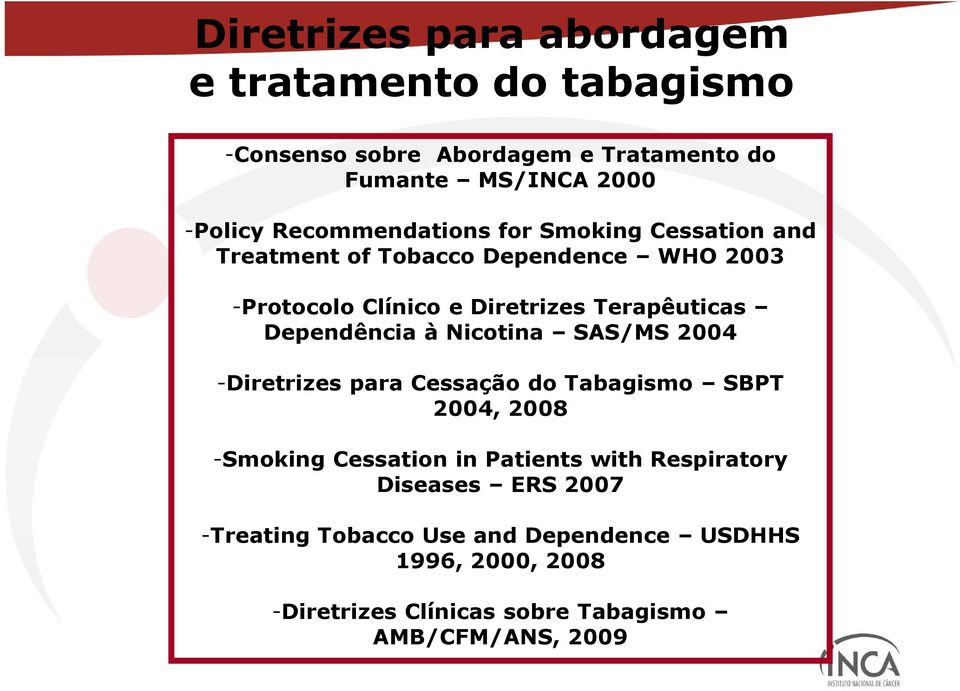 Dependência à Nicotina SAS/MS 2004 -Diretrizes para Cessação do Tabagismo SBPT 2004, 2008 -Smoking Cessation in Patients with