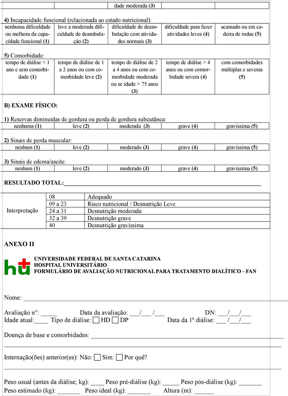 diálise de 1 a 2 anos ou com comorbidade leve (2) tempo de diálise de 2 a 4 anos ou com comorbidade moderada ou se idade > 75 anos (3) tempo de diálise > 4 anos ou com comorbidade severa (4) com