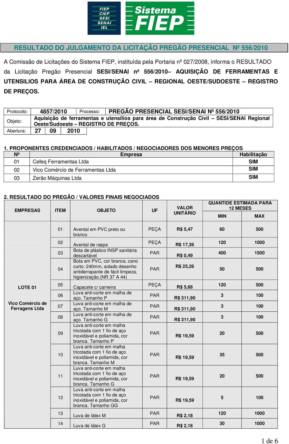 Protocolo: 4857/ Processo: PREGÃO PRESENCIAL SESI/SENAI Nº 556/ Aquisição de ferramentas e utensílios para área de Construção Civil SESI/SENAI Regional Objeto: Oeste/Sudoeste REGISTRO DE PREÇOS.