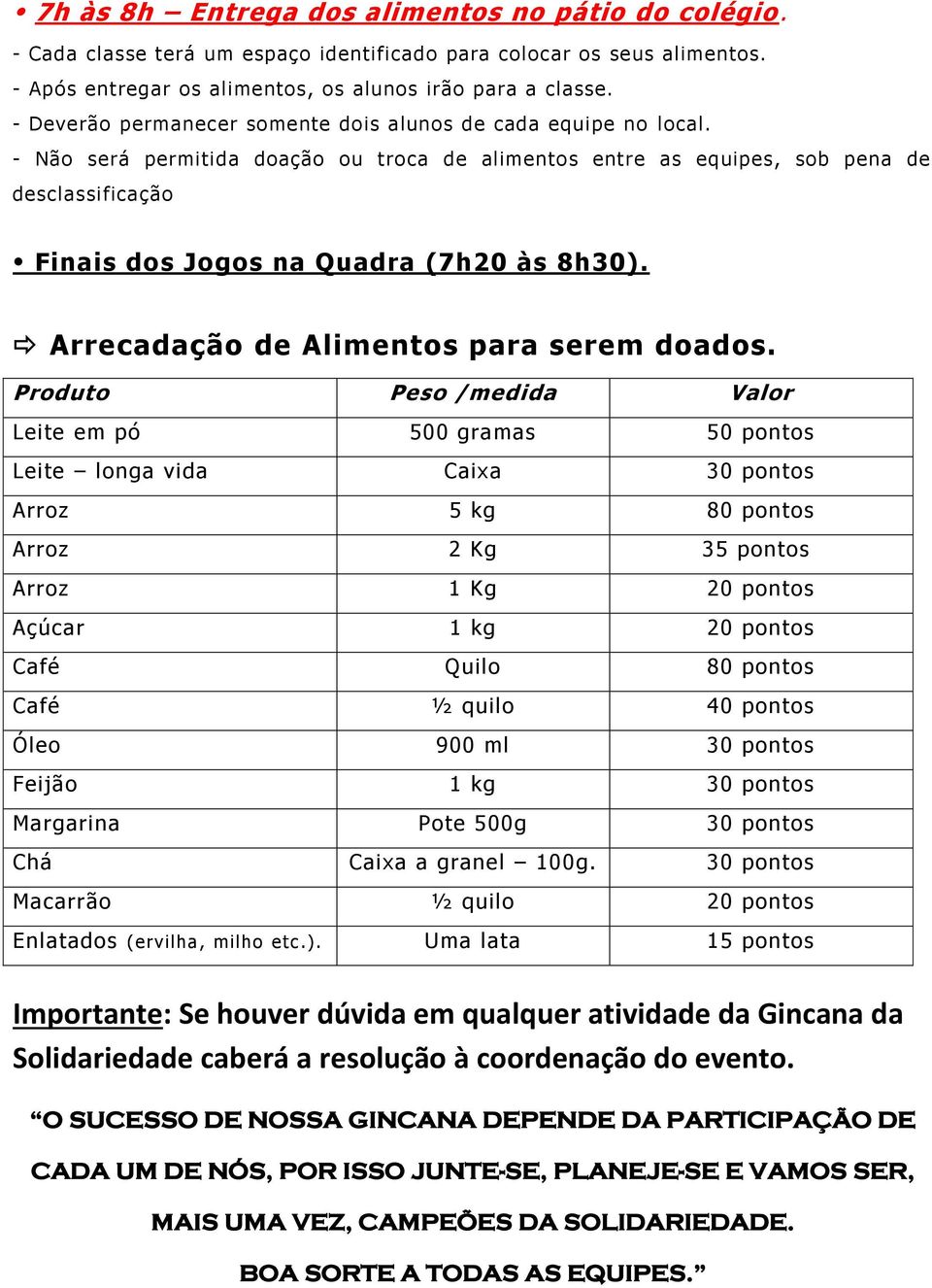 - Não será permitida doação ou troca de alimentos entre as equipes, sob pena de desclassificação Finais dos Jogos na Quadra (7h20 às 8h30). Arrecadação de Alimentos para serem doados.