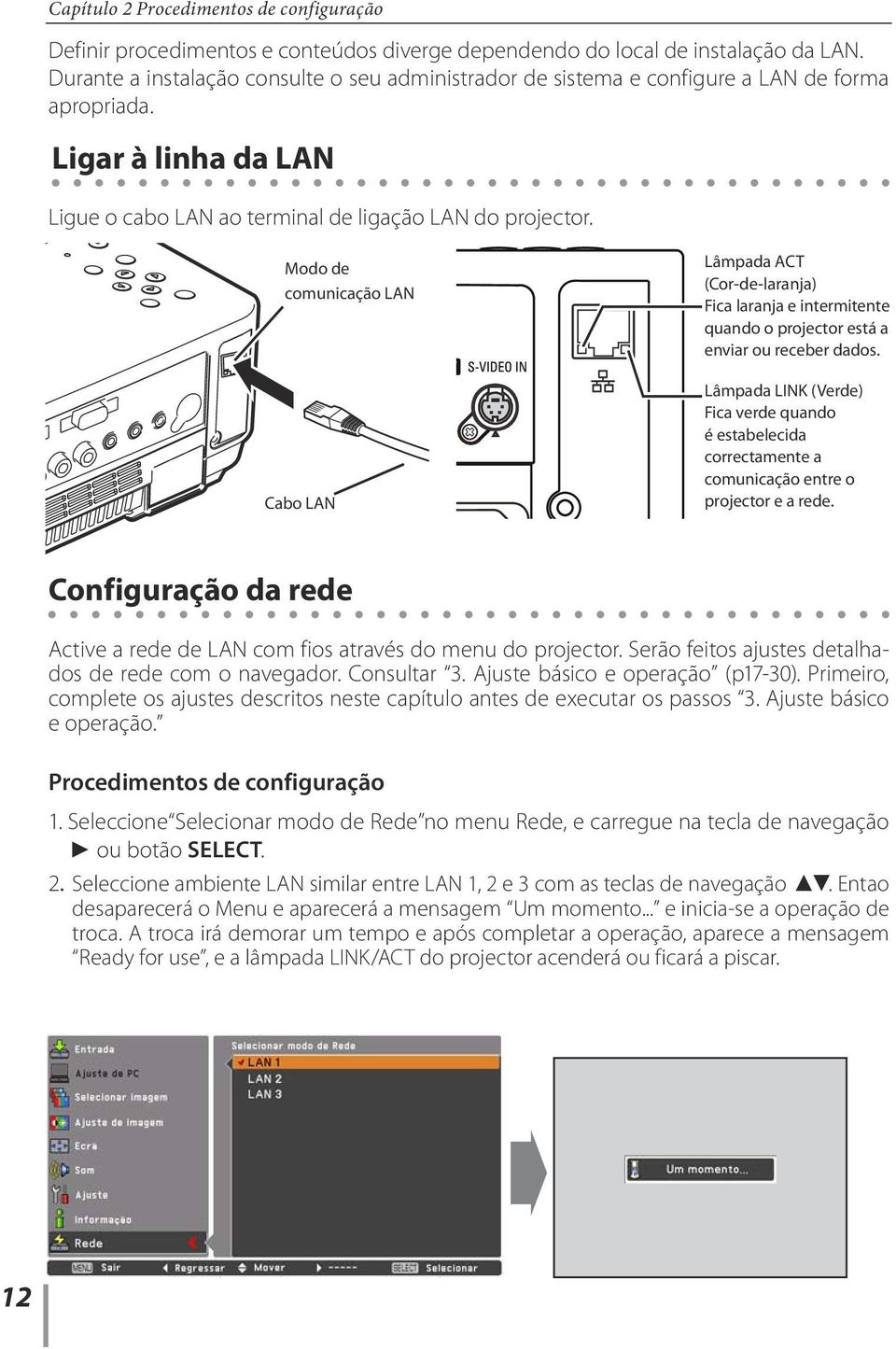 Modo de comunicação LAN Cabo LAN Lâmpada ACT (Cor-de-laranja) Fica laranja e intermitente quando o projector está a enviar ou receber dados.