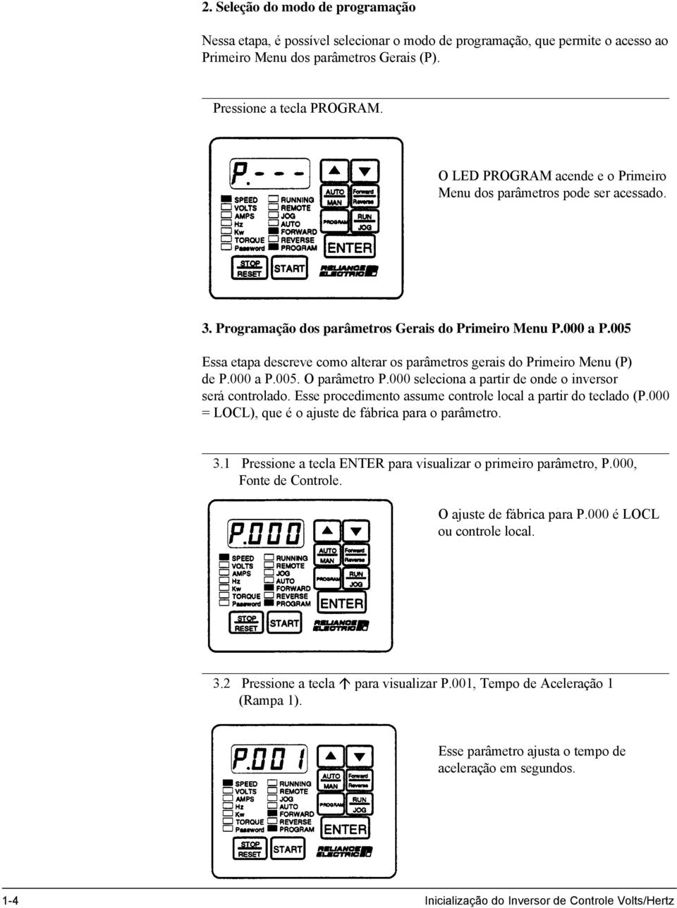 005 Essa etapa descreve como alterar os parâmetros gerais do Primeiro Menu (P) de P.000 a P.005. O parâmetro P.000 seleciona a partir de onde o inversor será controlado.