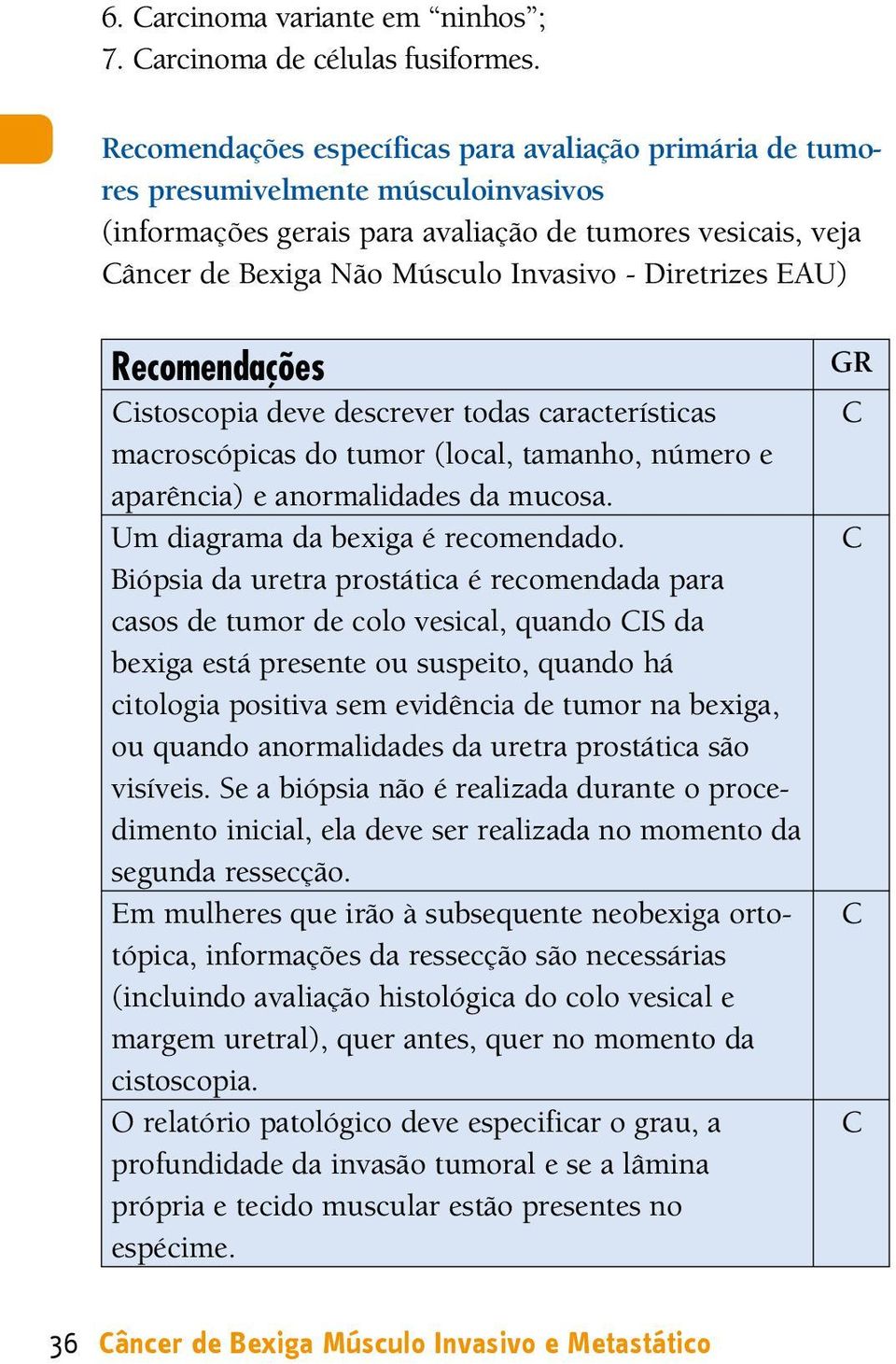 Diretrizes EAU) Recomendações istoscopia deve descrever todas características macroscópicas do tumor (local, tamanho, número e aparência) e anormalidades da mucosa.