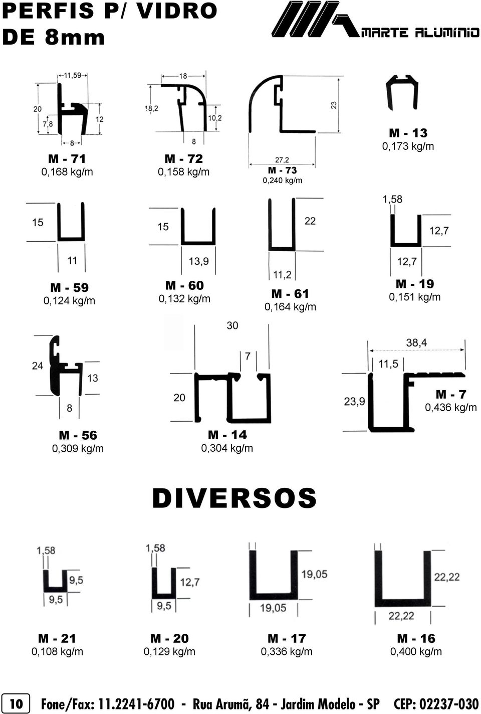 56 0,309 kg/m M - 14 0,304 kg/m DIVERSOS M - 21 0,108 kg/m M - 20 0,129 kg/m M - 17 0,336 kg/m