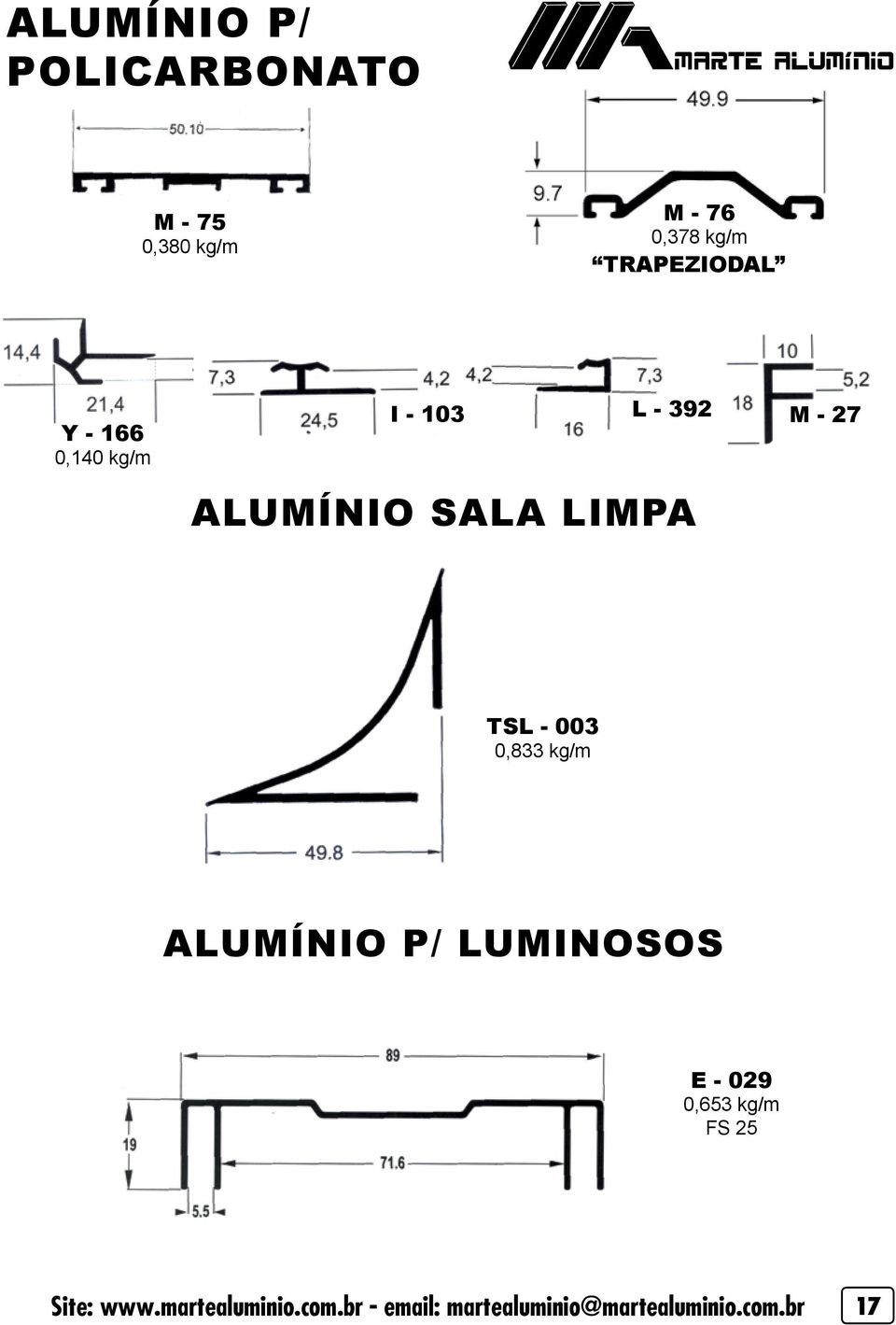 LIMPA TSL - 003 0,833 kg/m ALUMÍNIO P/ LUMINOSOS E - 029 0,653 kg/m FS