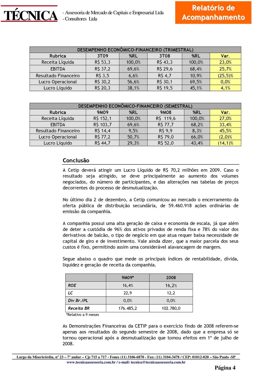 Lucro Líquido R$ 20,3 38,1% R$ 19,5 45,1% 4,1% DESEMPENHO ECONÔMICO-FINANCEIRO (SEMESTRAL) Rubrica 9M09 %RL 9M08 %RL Var.