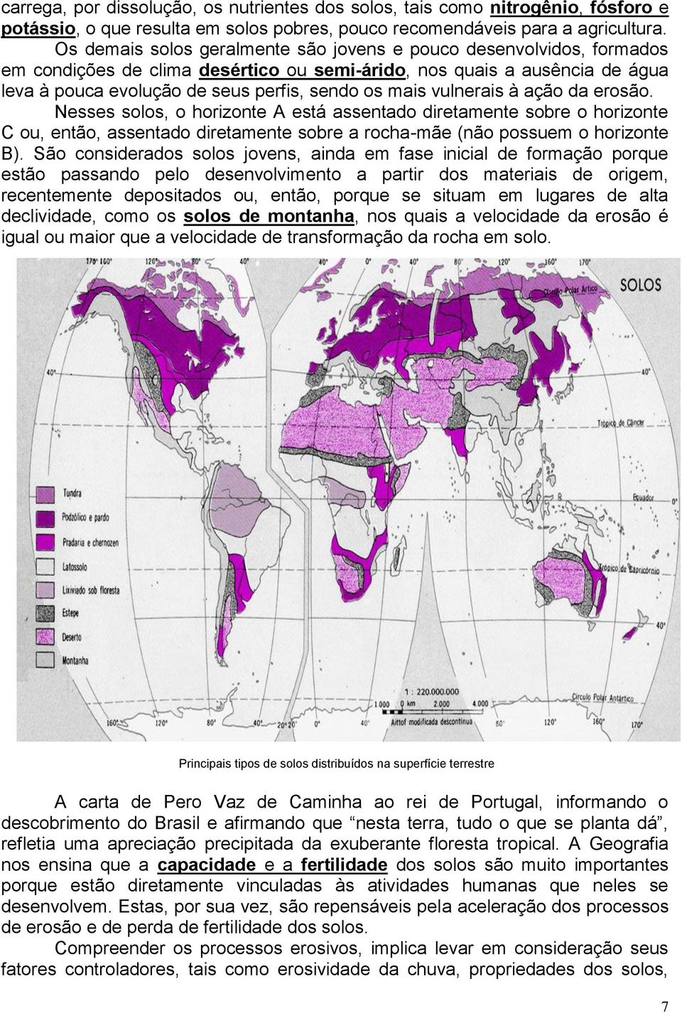 vulnerais à ação da erosão. Nesses solos, o horizonte A está assentado diretamente sobre o horizonte C ou, então, assentado diretamente sobre a rocha-mãe (não possuem o horizonte B).