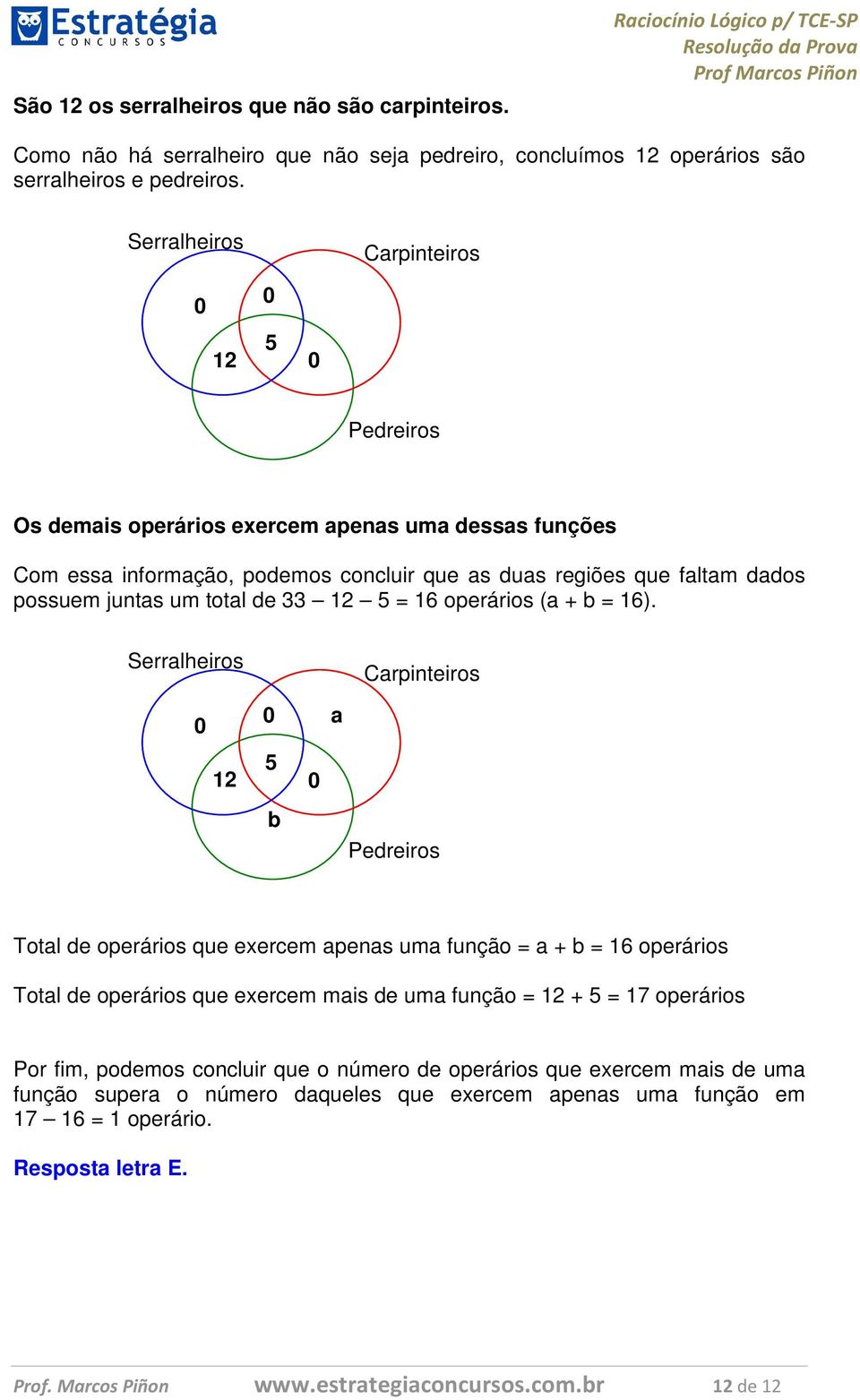 12 5 = 16 operários (a + b = 16).