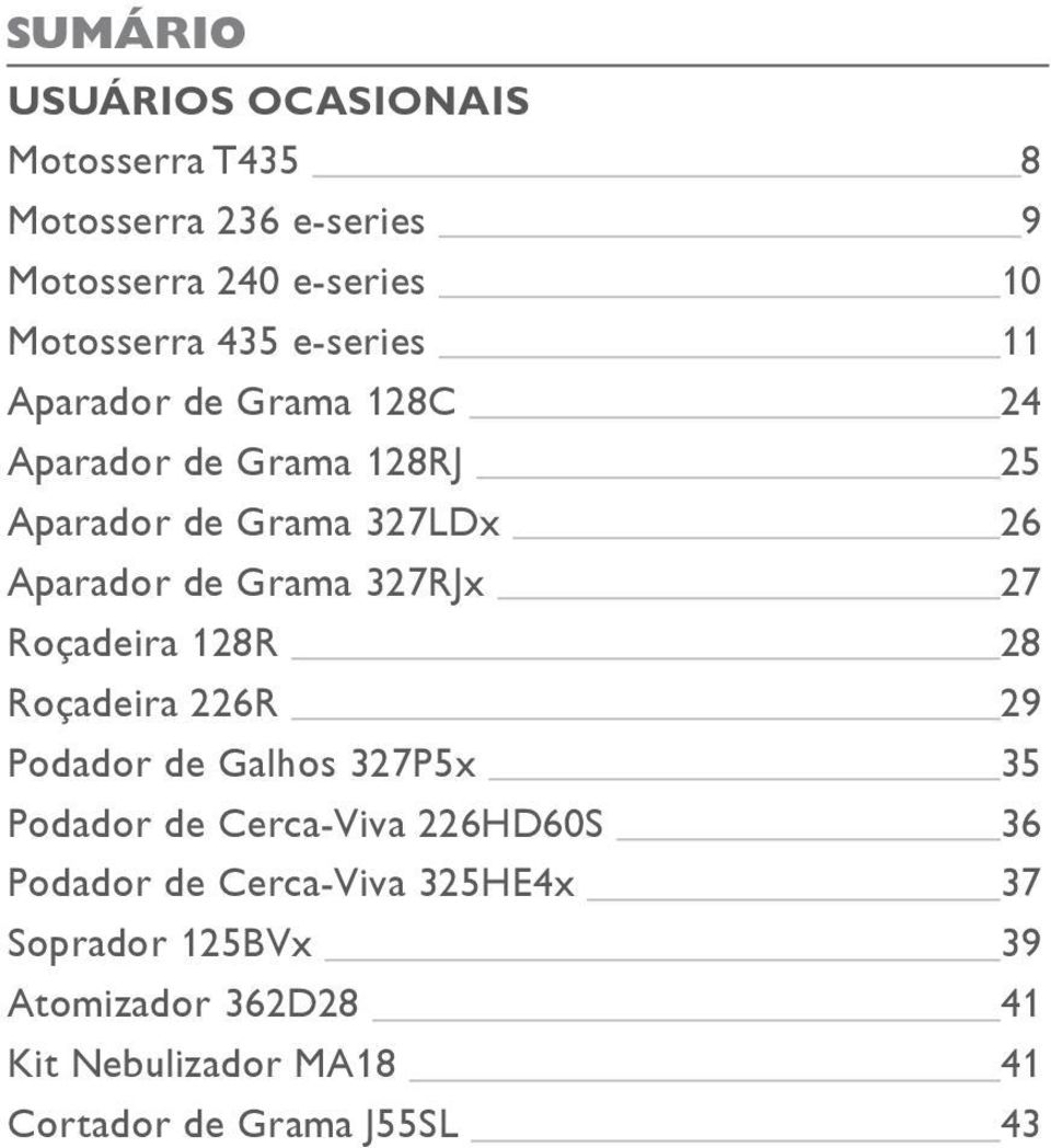 327RJx 27 Roçadeira 128R 28 Roçadeira 226R 29 Podador de Galhos 327P5x 35 Podador de Cerca-Viva 226HD60S 36