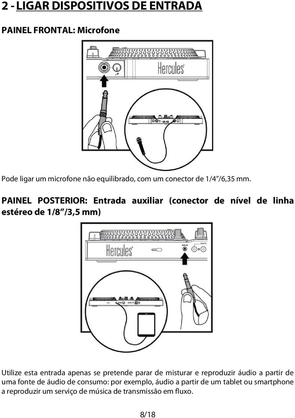 PAINEL POSTERIOR: Entrada auxiliar (conector de nível de linha estéreo de 1/8 /3,5 mm) Utilize esta entrada apenas