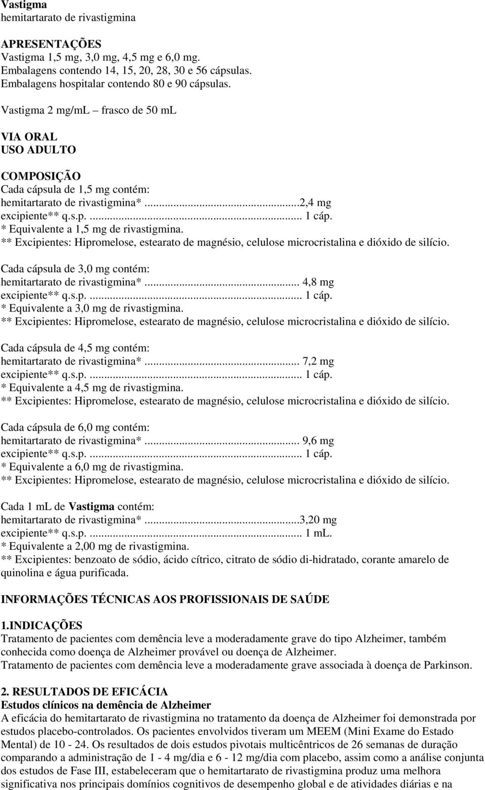 * Equivalente a 1,5 mg de rivastigmina. ** Excipientes: Hipromelose, estearato de magnésio, celulose microcristalina e dióxido de silício. Cada cápsula de 3, mg contém: hemitartarato de rivastigmina*.