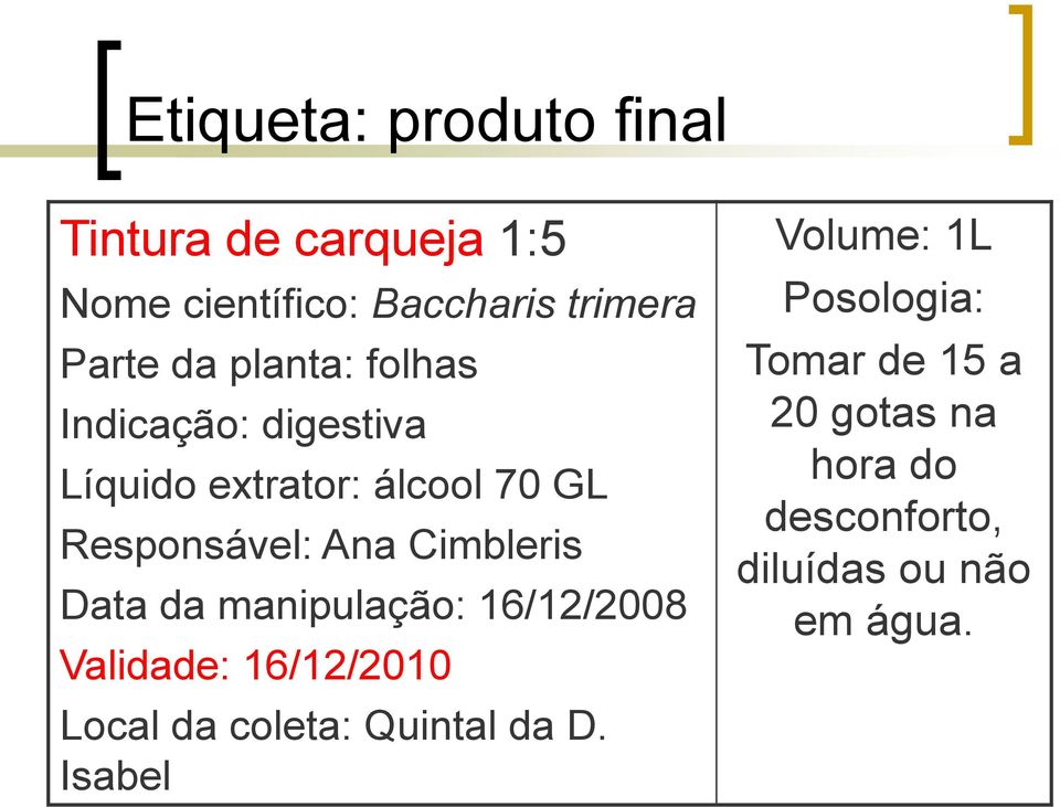 Cimbleris Data da manipulação: 16/12/2008 Validade: 16/12/2010 Local da coleta: Quintal da D.
