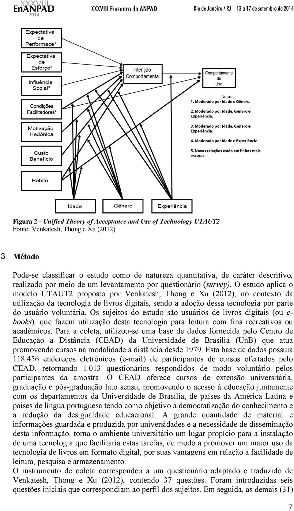 O estudo aplica o modelo UTAUT2 proposto por Venkatesh, Thong e Xu (2012), no contexto da utilização da tecnologia de livros digitais, sendo a adoção dessa tecnologia por parte do usuário voluntária.