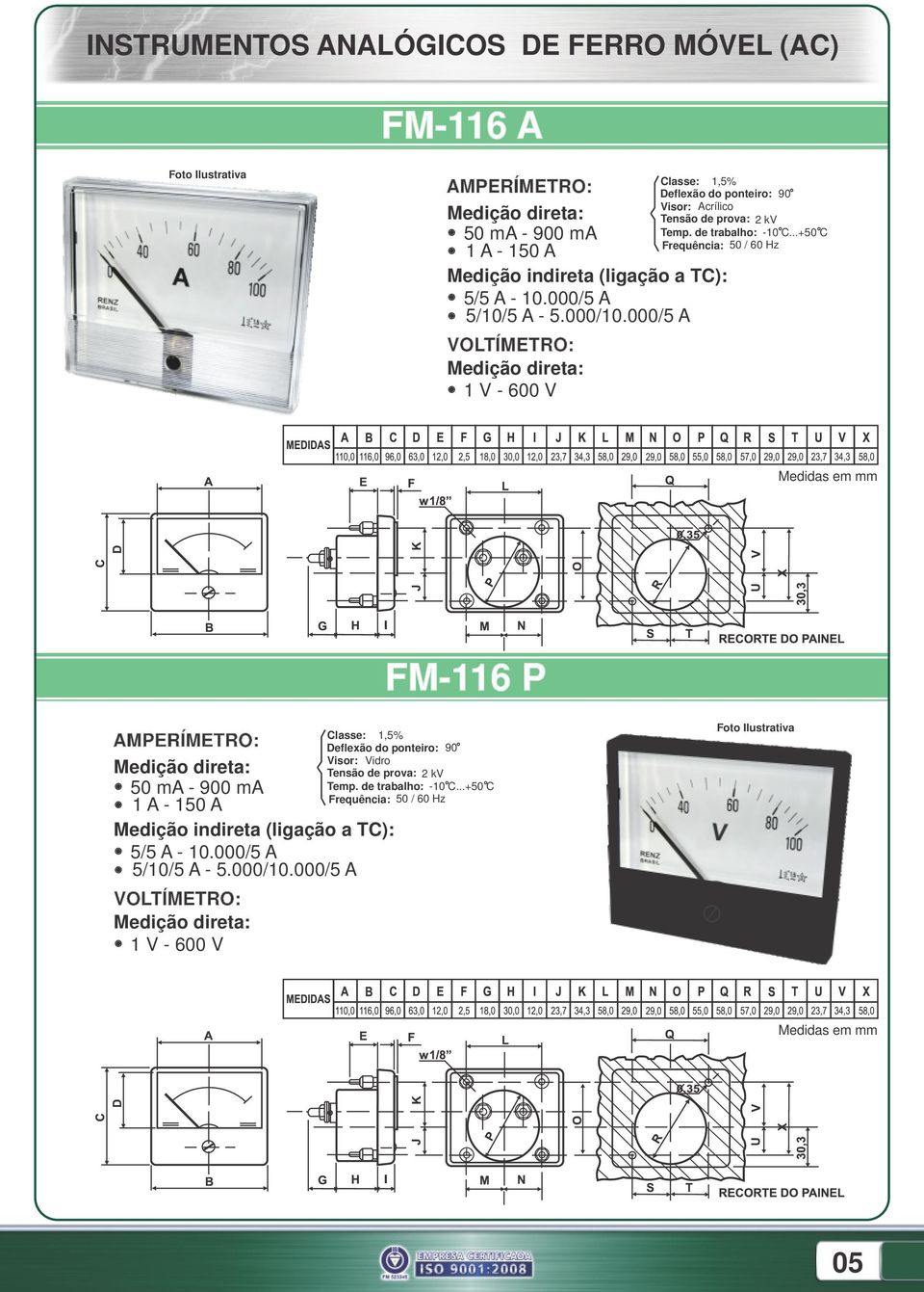 000/5 A 1,5% Acrílico 50 / 60 Hz FM116 P Classe: Visor: Vidro 50 ma 900 ma 1 A 150 A