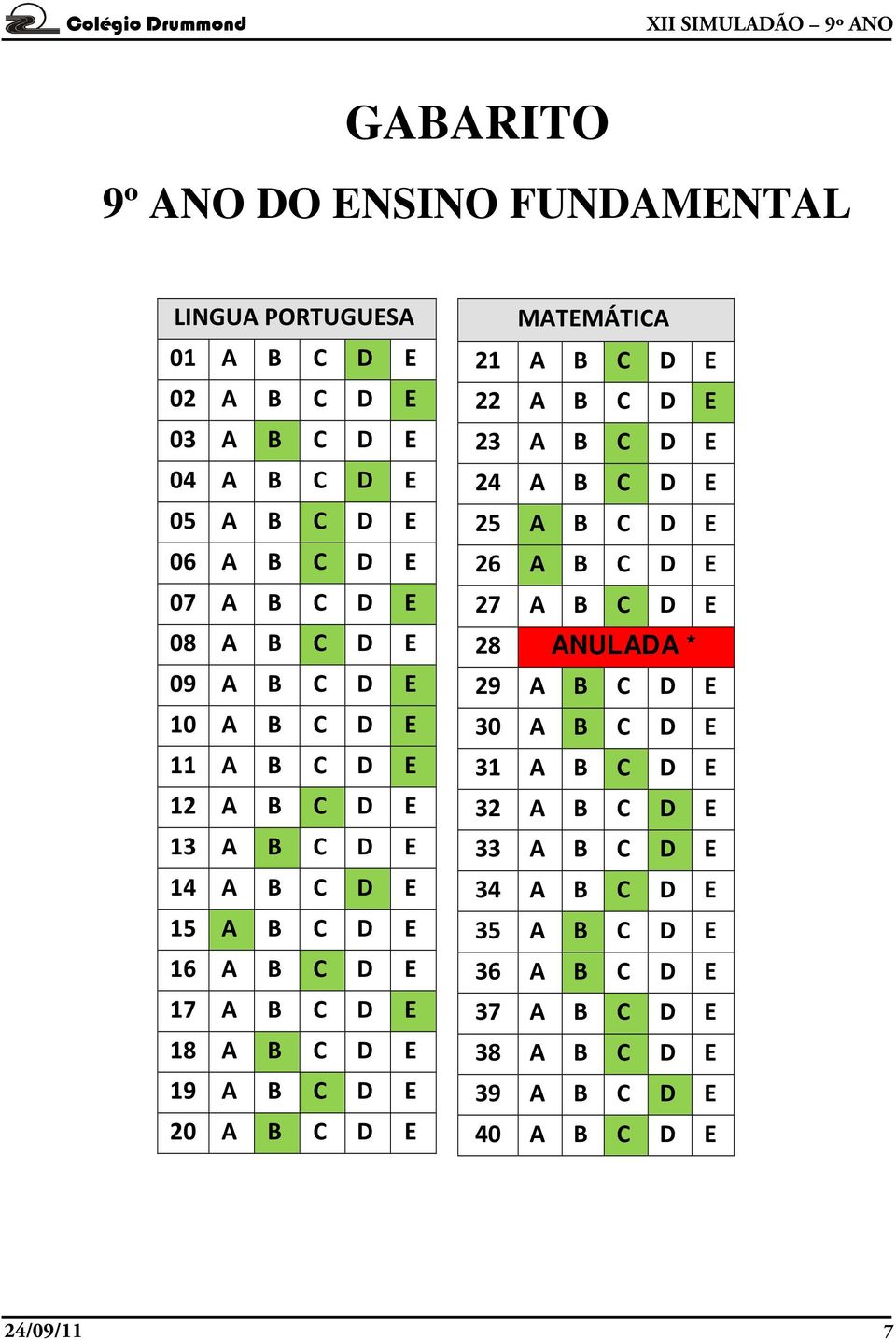 D E 20 A B C D E MATEMÁTICA 21 A B C D E 22 A B C D E 23 A B C D E 24 A B C D E 25 A B C D E 26 A B C D E 27 A B C D E 28 ANULADA * 29 A B C D E 30 A