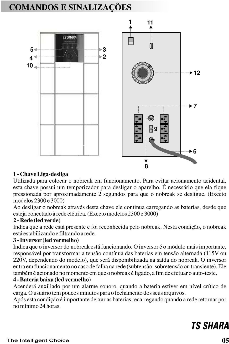 (Exceto modelos 2300 e 3000) Ao desligar o nobreak através desta chave ele continua carregando as baterias, desde que esteja conectado à rede elétrica.