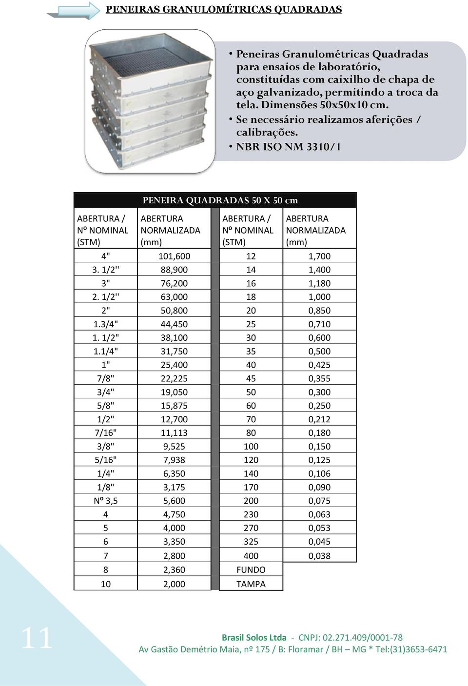 NBR ISO NM 3310/1 ABERTURA / Nº NOMINAL (STM) PENEIRA QUADRADAS 50 X 50 cm ABERTURA NORMALIZADA (mm) ABERTURA / Nº NOMINAL (STM) ABERTURA NORMALIZADA (mm) 4" 101,600 12 1,700 3.