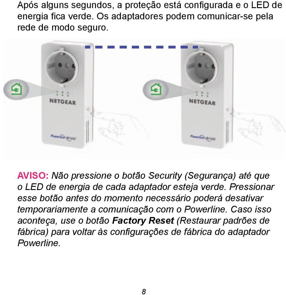 AVISO: Não pressione o botão Security (Segurança) até que o LED de energia de cada adaptador esteja verde.