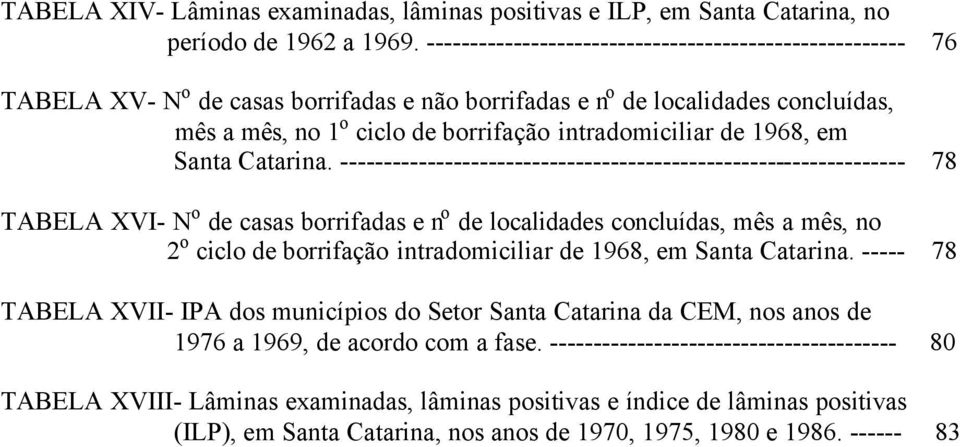 78 TABELA XVI N o de casas borrifadas e n o de localidades concluídas, mês a mês, no 2 o ciclo de borrifação intradomiciliar de 1968, em Santa Catarina.