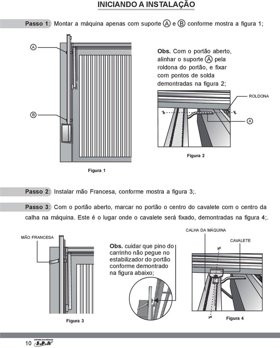 mão Francesa, conforme mostra a figura 3;. Passo 3: Com o portão aberto, marcar no portão o centro do cavalete com o centro da calha na máquina.