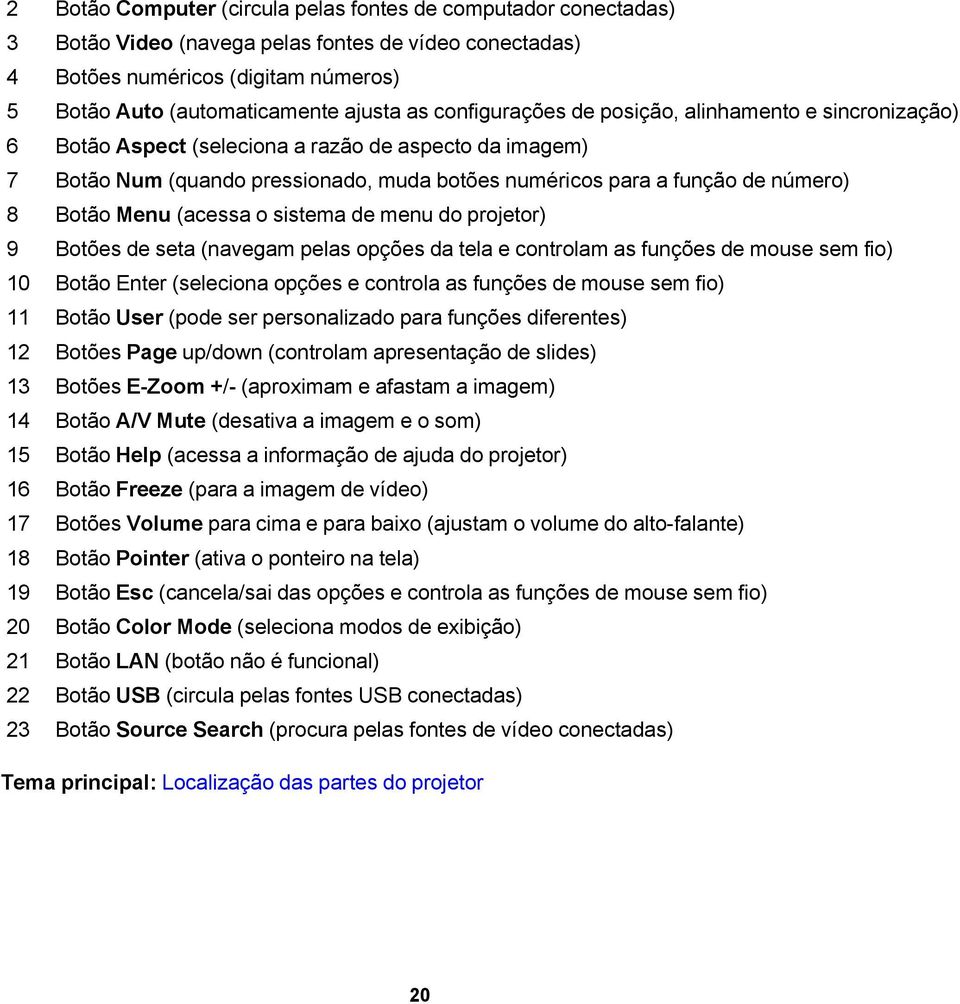 Menu (acessa o sistema de menu do projetor) 9 Botões de seta (navegam pelas opções da tela e controlam as funções de mouse sem fio) 10 Botão Enter (seleciona opções e controla as funções de mouse sem