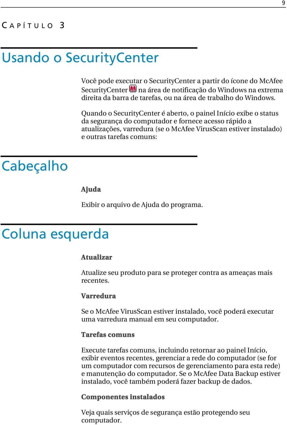 Quando o SecurityCenter é aberto, o painel Início exibe o status da segurança do computador e fornece acesso rápido a atualizações, varredura (se o McAfee VirusScan estiver instalado) e outras