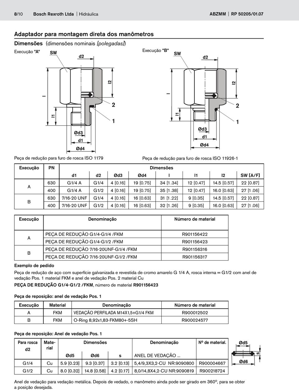 11926-1 Execução A B PN Dimensões d1 d2 Ød3 Ød4 l l1 l2 SW [A/F] 630 G1/4 A G1/4 4 [0.16] 19 [0.75] 34 [1.34] 12 [0.47] 14.5 [0.57] 22 [0.87] 400 G1/4 A G1/2 4 [0.16] 19 [0.75] 35 [1.38] 12 [0.47] 16.