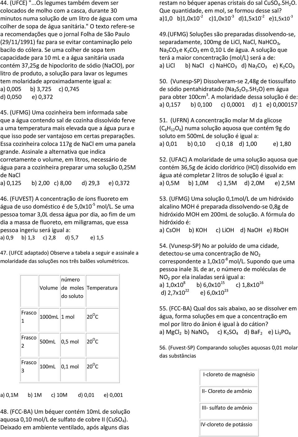 Se uma colher de sopa tem capacidade para 10 ml e a água sanitária usada contém 37,25g de hipoclorito de sódio (NaClO), por litro de produto, a solução para lavar os legumes tem molaridade