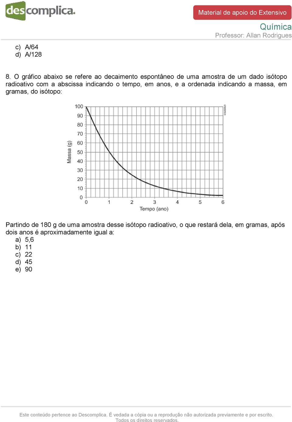 radioativo com a abscissa indicando o tempo, em anos, e a ordenada indicando a massa, em