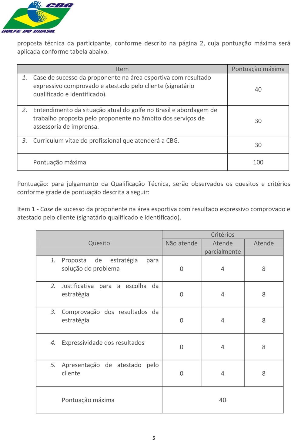 Entendimento da situação atual do golfe no Brasil e abordagem de trabalho proposta pelo proponente no âmbito dos serviços de assessoria de imprensa. 3.