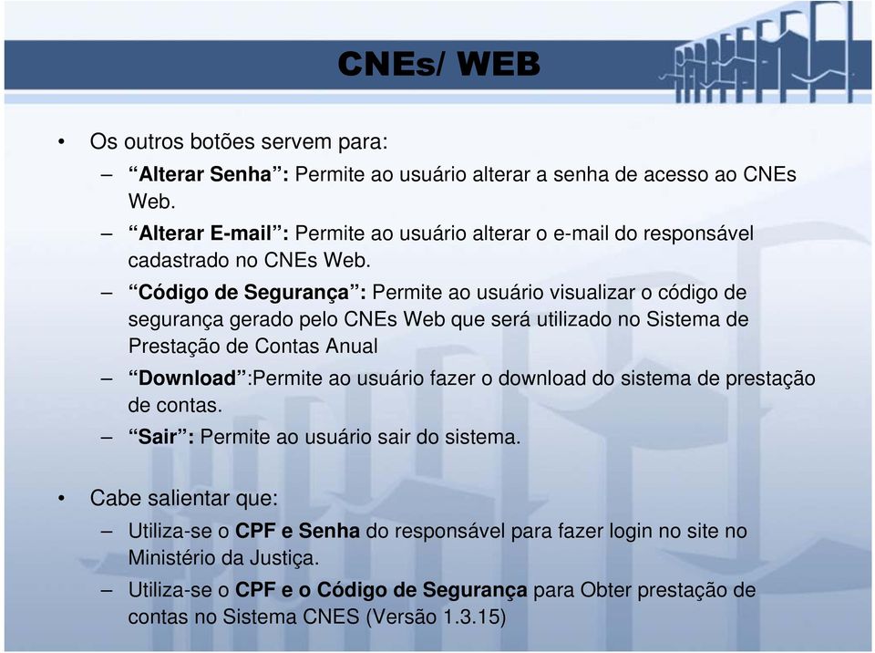 Código de Segurança : Permite ao usuário visualizar o código de segurança gerado pelo CNEs Web que será utilizado no Sistema de Prestação de Contas Anual Download :Permite ao