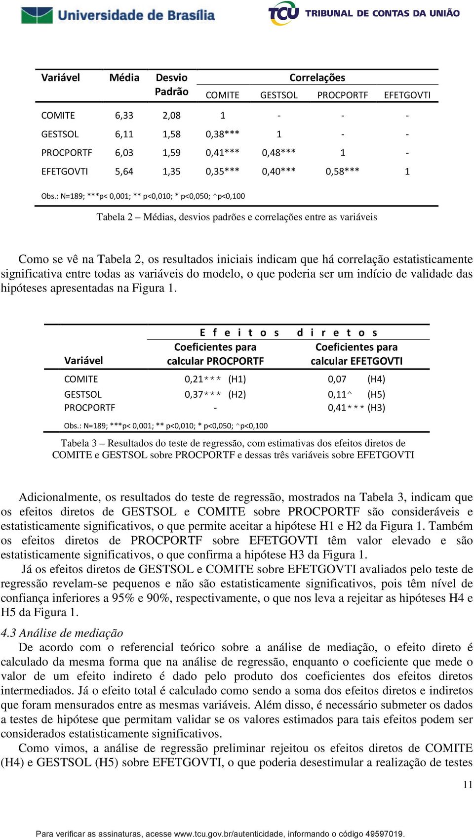 *** *** ^ *** ^ Tabela 3 Resultados do teste de regressão, com estimativas dos efeitos diretos de COMITE e GESTSOL sobre PROCPORTF e dessas três variáveis sobre EFETGOVTI Adicionalmente, os