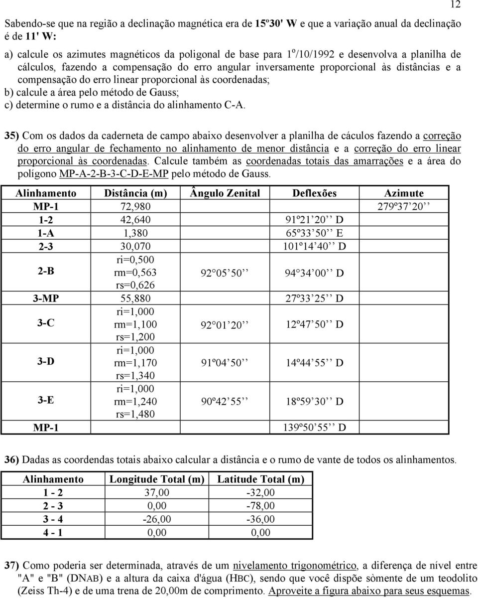 Gauss; c) determine o rumo e a distância do alinhamento C-A.