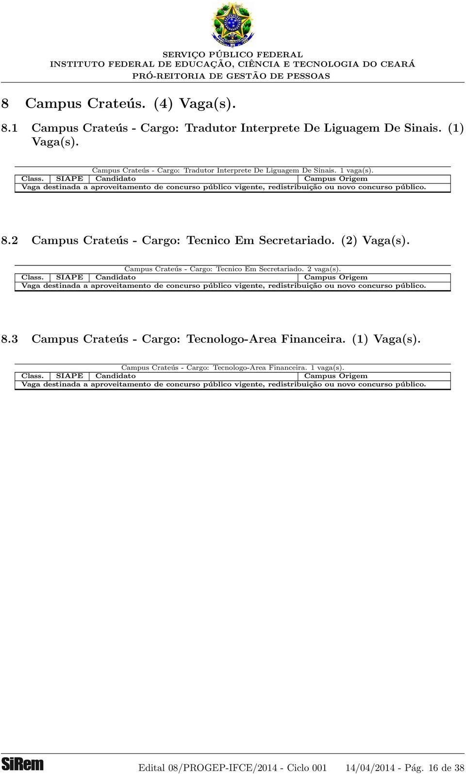 2 Campus Crateús - Cargo: Tecnico Em Secretariado. (2) Vaga(s). Campus Crateús - Cargo: Tecnico Em Secretariado. 2 vaga(s). 8.