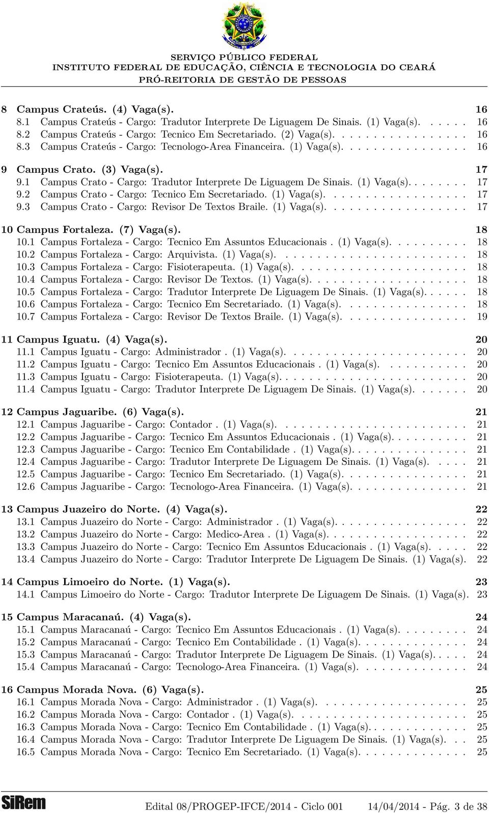 (1) Vaga(s).................. 17 9.3 Campus Crato - Cargo: Revisor De Textos Braile. (1) Vaga(s).................. 17 10 Campus Fortaleza. (7) Vaga(s). 18 10.