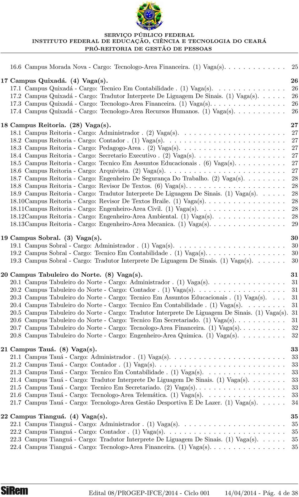 (28) Vaga(s). 27 18.1 Campus Reitoria - Cargo: Administrador. (2) Vaga(s)...................... 27 18.2 Campus Reitoria - Cargo: Contador. (1) Vaga(s)......................... 27 18.3 Campus Reitoria - Cargo: Pedagogo-Area.