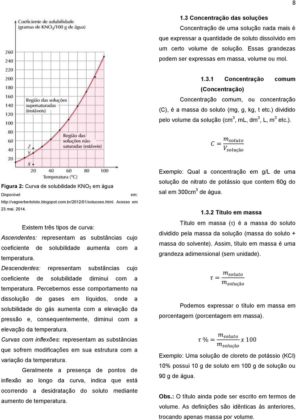 ) dividido pelo volume da solução (cm 3, ml, dm 3, L, m 3 etc.). C = m soluto V solução Figura 2: Curva de solubilidade KNO 3 em água Disponível em: http://vagnerbertoloto.blogspot.com.