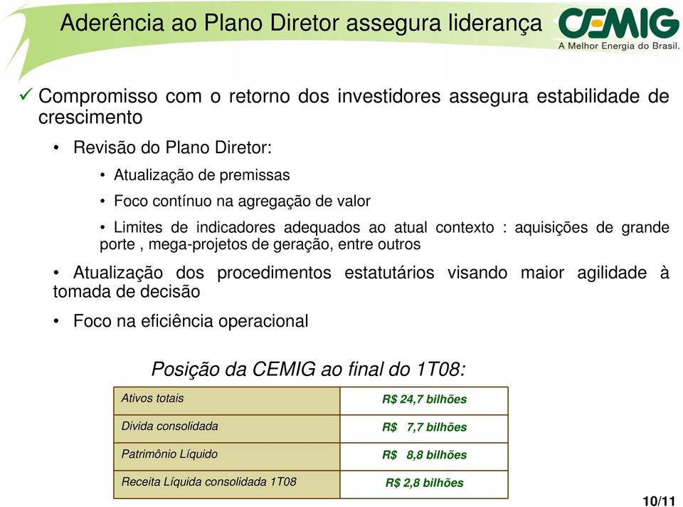 geração, entre outros Atualização dos procedimentos estatutários visando maior agilidade à tomada de decisão Foco na eficiência operacional Posição da CEMIG ao