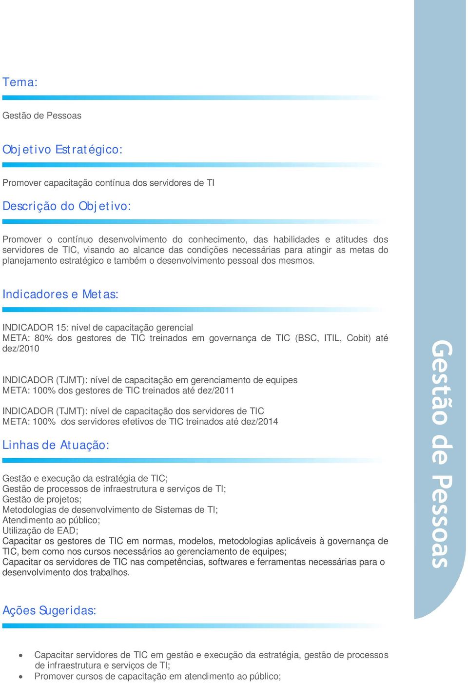 Indicadores e Metas: INDICADOR 15: nível de capacitação gerencial : 80% dos gestores de TIC treinados em governança de TIC (BSC, ITIL, Cobit) até dez/2010 INDICADOR (TJMT): nível de capacitação em