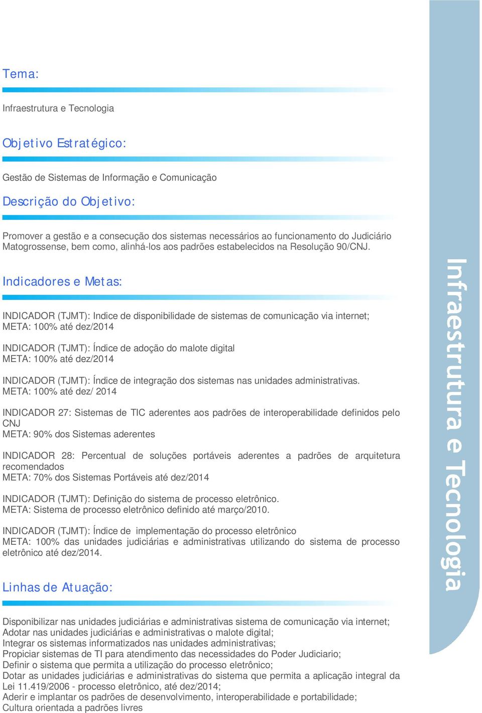 Indicadores e Metas: INDICADOR (TJMT): Indice de disponibilidade de sistemas de comunicação via internet; : 100% até dez/2014 INDICADOR (TJMT): Índice de adoção do malote digital : 100% até dez/2014