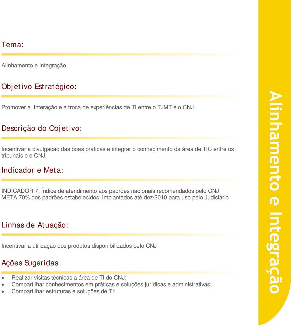 Indicador e Meta: INDICADOR 7: Índice de atendimento aos padrões nacionais recomendados pelo CNJ :70% dos padrões estabelecidos, implantados até dez/2010 para uso pelo