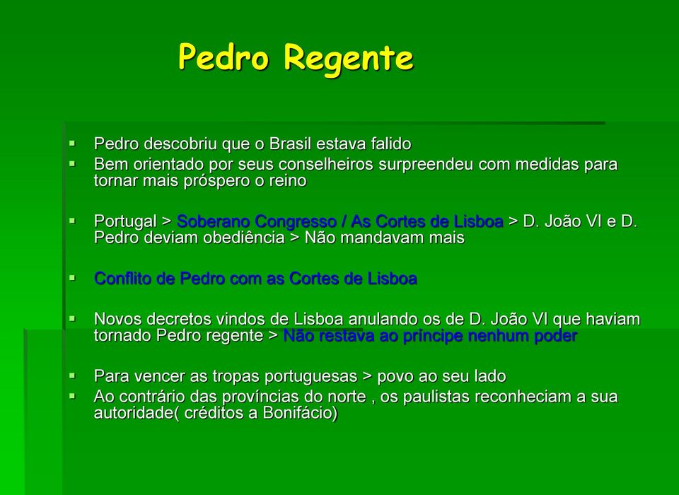 Pedro deviam obediência > Não mandavam mais Conflito de Pedro com as Cortes de Lisboa Novos decretos vindos de Lisboa anulando os de D.