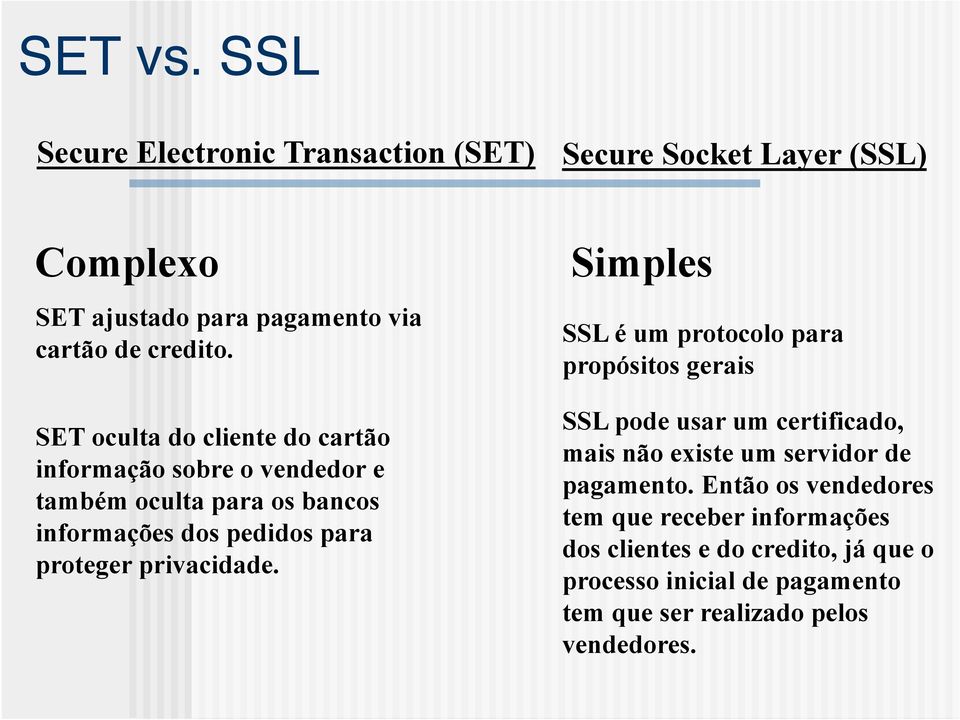 privacidade. Simples SSL é um protocolo para propósitos gerais SSL pode usar um certificado, mais não existe um servidor de pagamento.