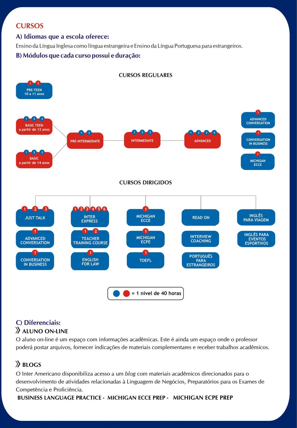 COURSE MICHIGAN ECPE INTERVIEW COACHING INGLÊS PARA EVENTOS ESPORTIVOS CONVERSATION IN BUSINESS ENGLISH FOR LAW TOEFL PORTUGUÊS PARA ESTRANGEIROS C) Diferenciais: ALUNO ON-LINE O aluno on-line é um