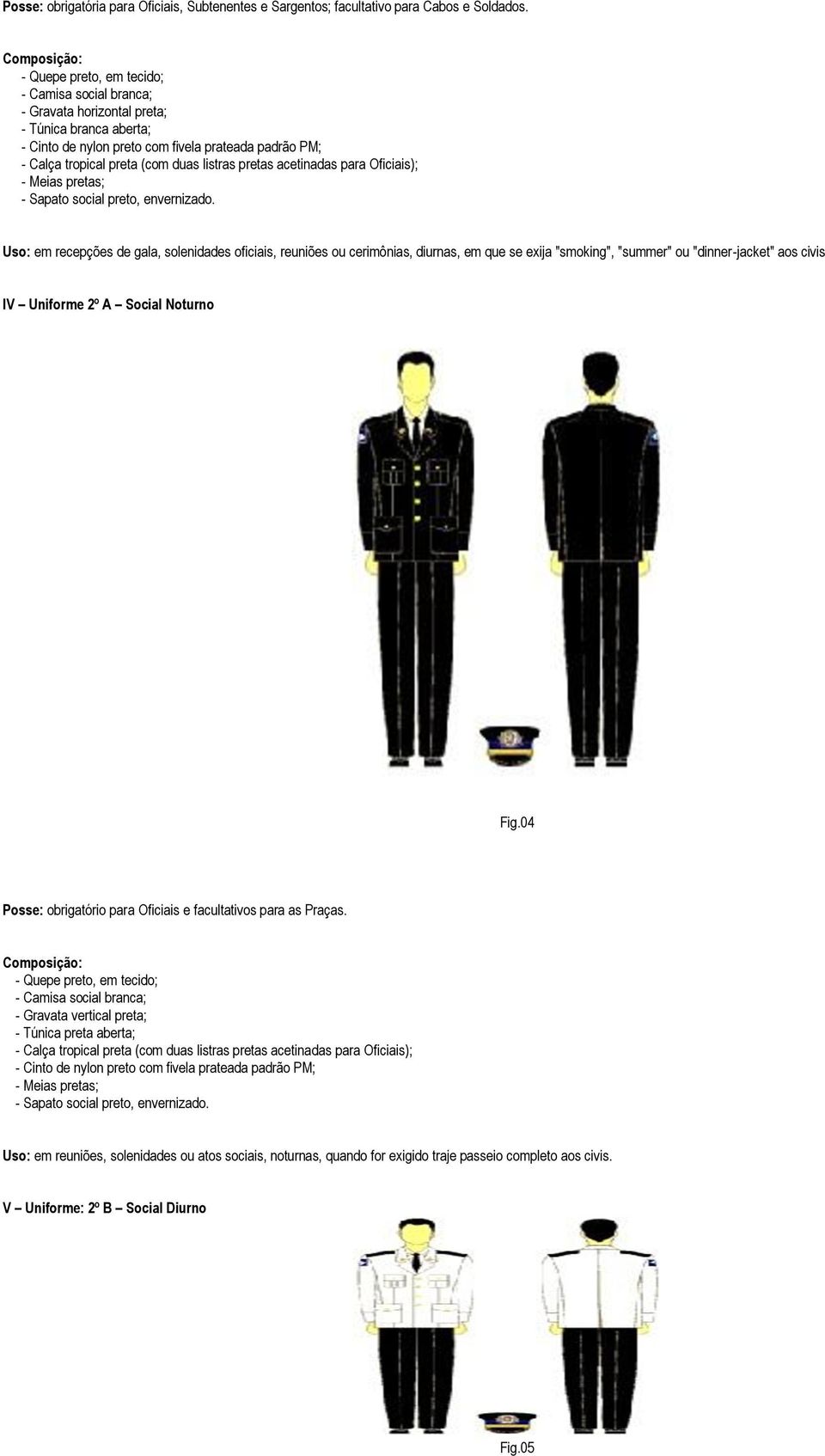 envernizado. Uso: em recepções de gala, solenidades oficiais, reuniões ou cerimônias, diurnas, em que se exija "smoking", "summer" ou "dinner-jacket" aos civis IV Uniforme 2º A Social Noturno Fig.