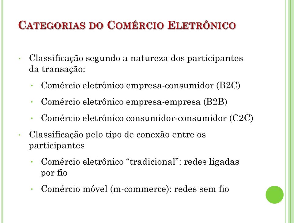 Comércio eletrônico consumidor-consumidor (C2C) Classificação pelo tipo de conexão entre os