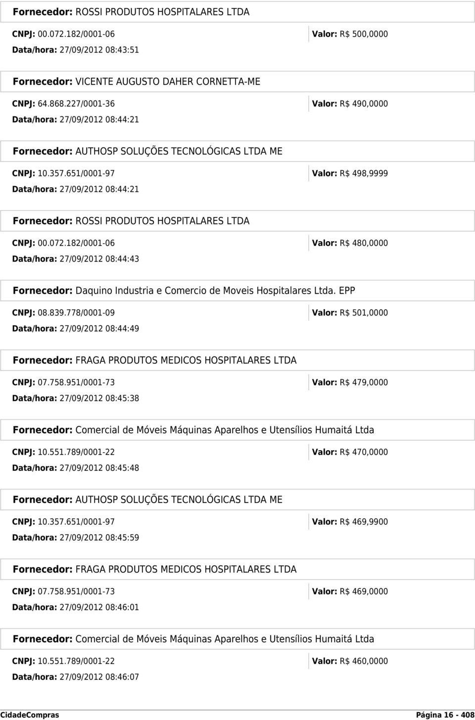 182/0001-06 Valor: R$ 480,0000 Data/hora: 27/09/2012 08:44:43 Fornecedor: Daquino Industria e Comercio de Moveis Hospitalares Ltda. EPP CNPJ: 08.839.